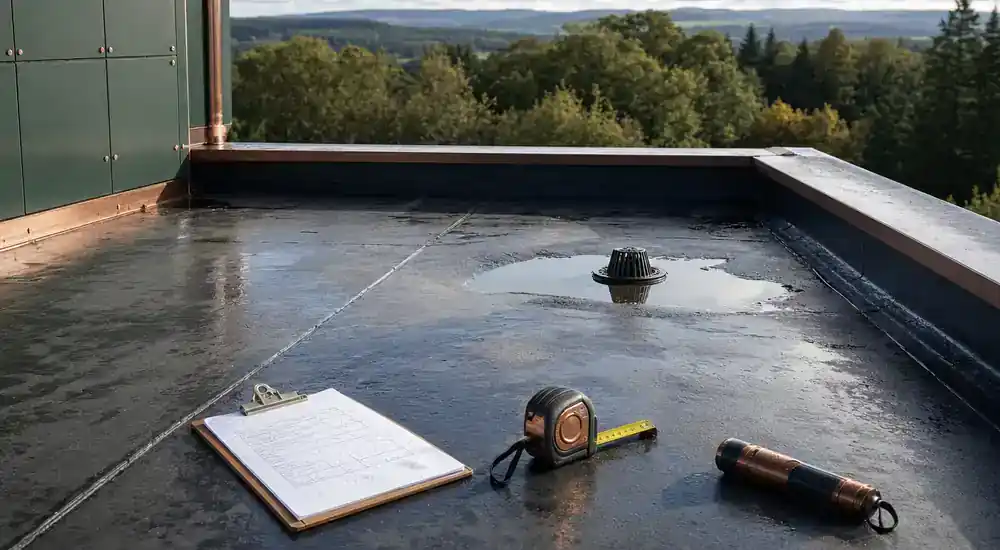 Flat roof inspection detail in clear daylight.