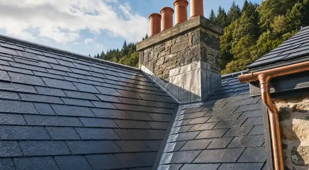 Bright Scottish heritage roof with slate, leadwork and traditional stone details.